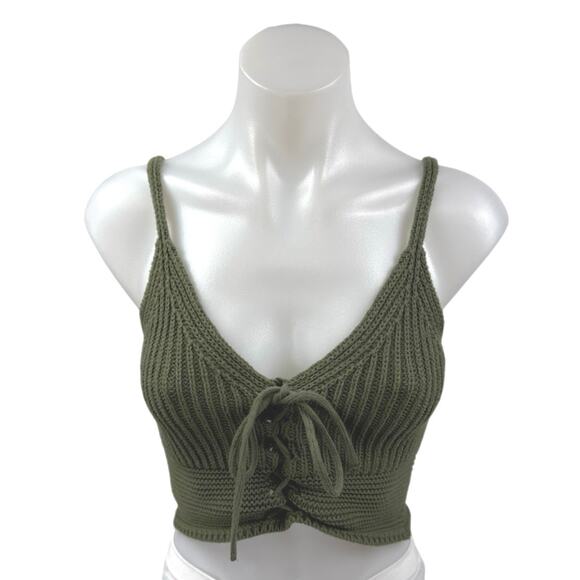 Zara Green Crochet Knit Sleeveless Lace Up Tie Camisole Cami Crop Top Size M - Picture 1 of 5